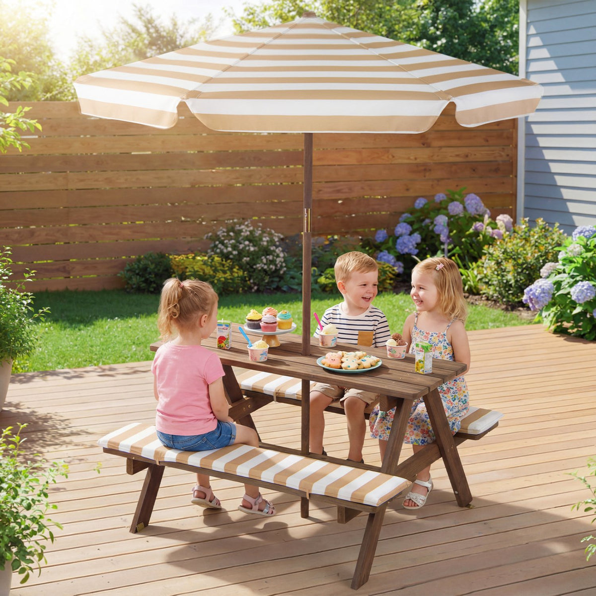 Fir Wood Kids Picnic Table with 2 Built-in Benches and Umbrella-Coffee view 2