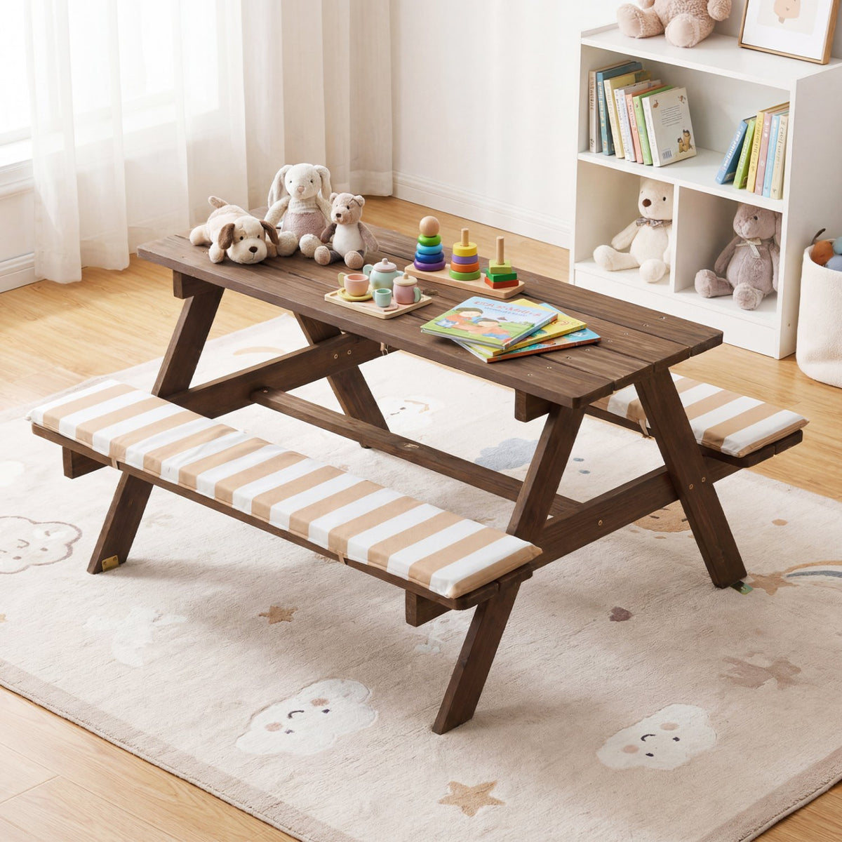 Fir Wood Kids Picnic Table with 2 Built-in Benches and Umbrella-Coffee view 3
