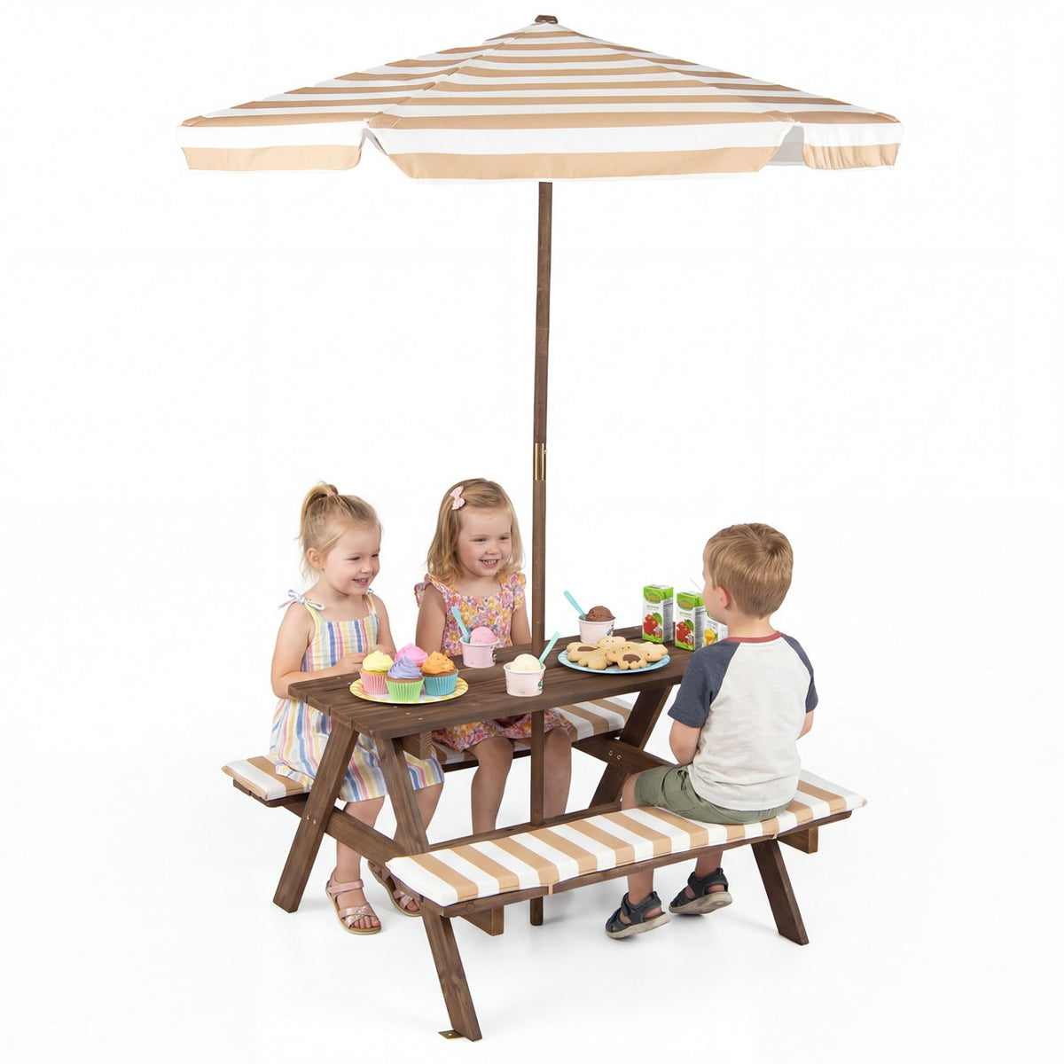 Fir Wood Kids Picnic Table with 2 Built-in Benches and Umbrella-Coffee view 4