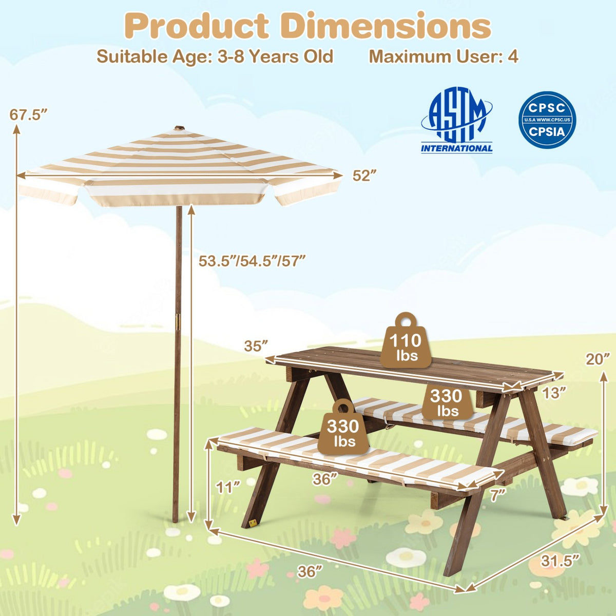 Fir Wood Kids Picnic Table with 2 Built-in Benches and Umbrella-Coffee view 5