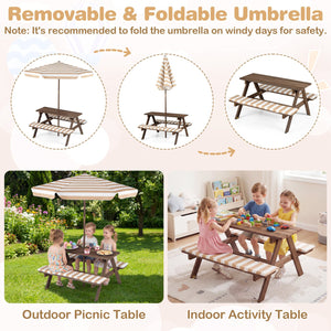 Fir Wood Kids Picnic Table with 2 Built-in Benches and Umbrella-Coffee view 7