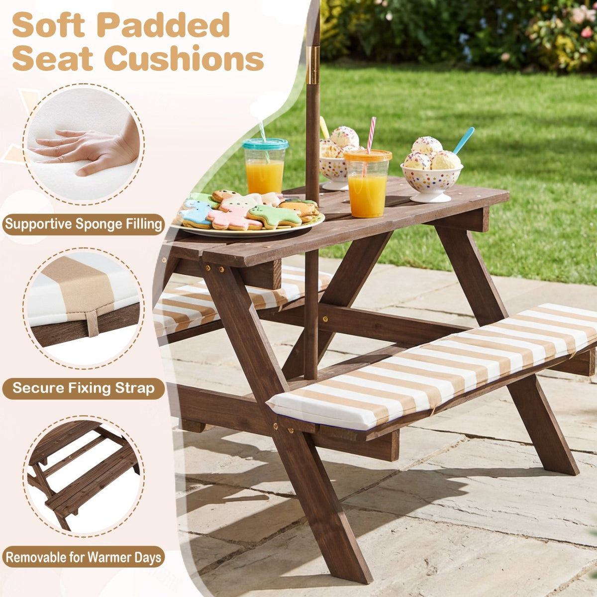 Fir Wood Kids Picnic Table with 2 Built-in Benches and Umbrella-Coffee view 8