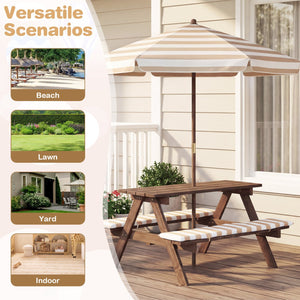 Fir Wood Kids Picnic Table with 2 Built-in Benches and Umbrella-Coffee view 9