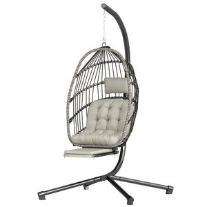 Outdoor Hanging Egg Chair with Retractable Footrest Swing Chair with Metal Stand Light Grey
