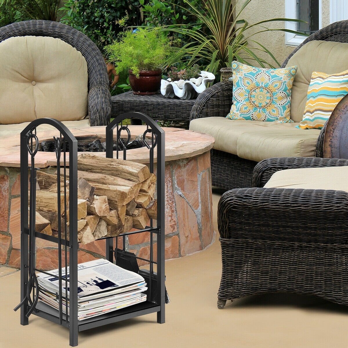 Fireplace Log Rack with 4 Tools Set Fireside Firewood Holder view 3