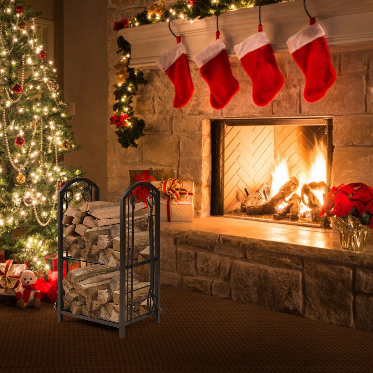 Fireplace Log Rack with 4 Tools Set Fireside Firewood Holder view 6