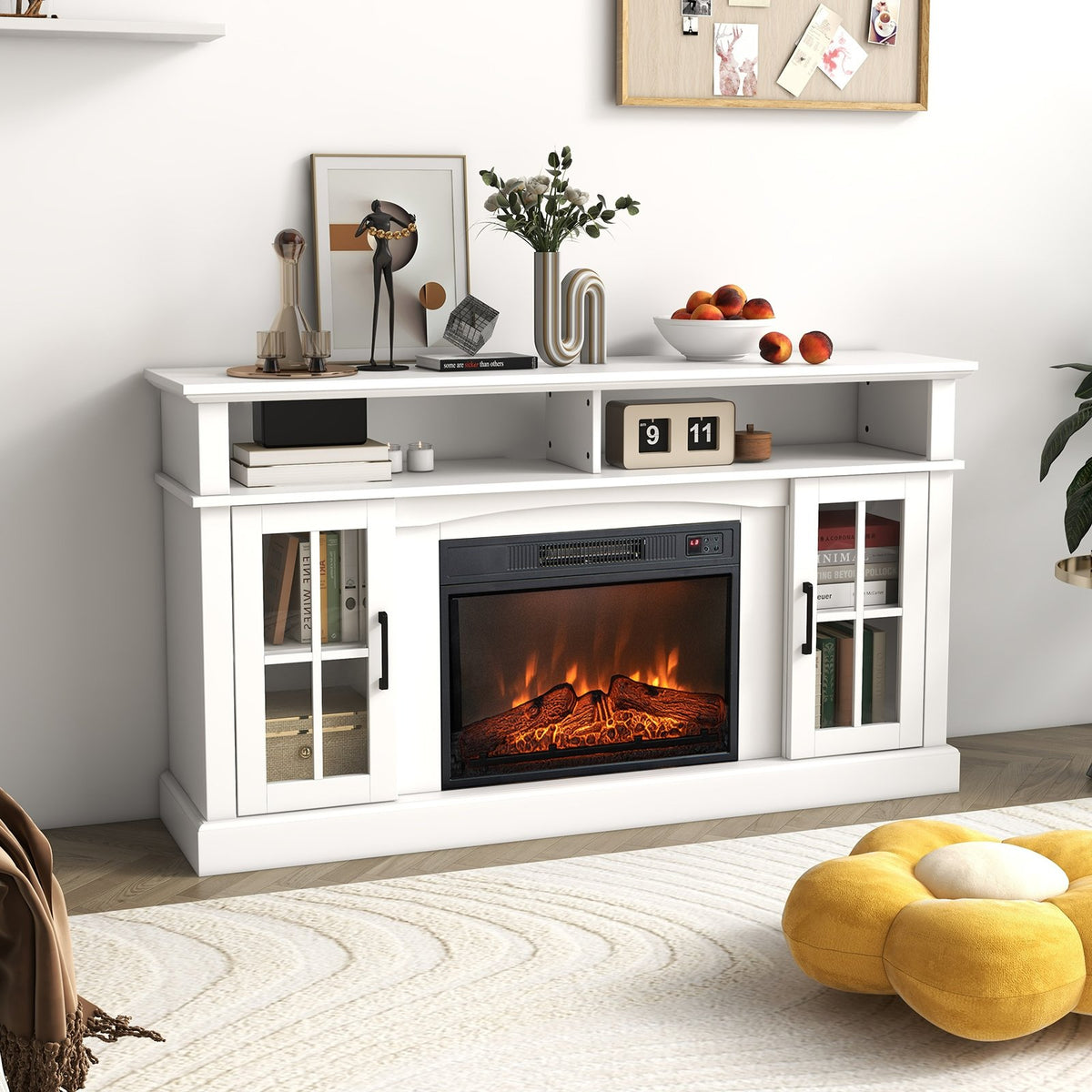 Fireplace TV Stand for TVs Up to 65 Inch with Side Cabinets and Remote Control-White view 2