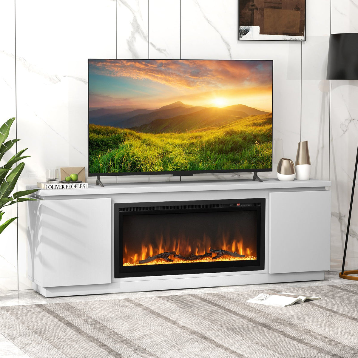 Fireplace TV Stand for TVs up to 80 Inch with 3 Adjustable Shelves-White view 2