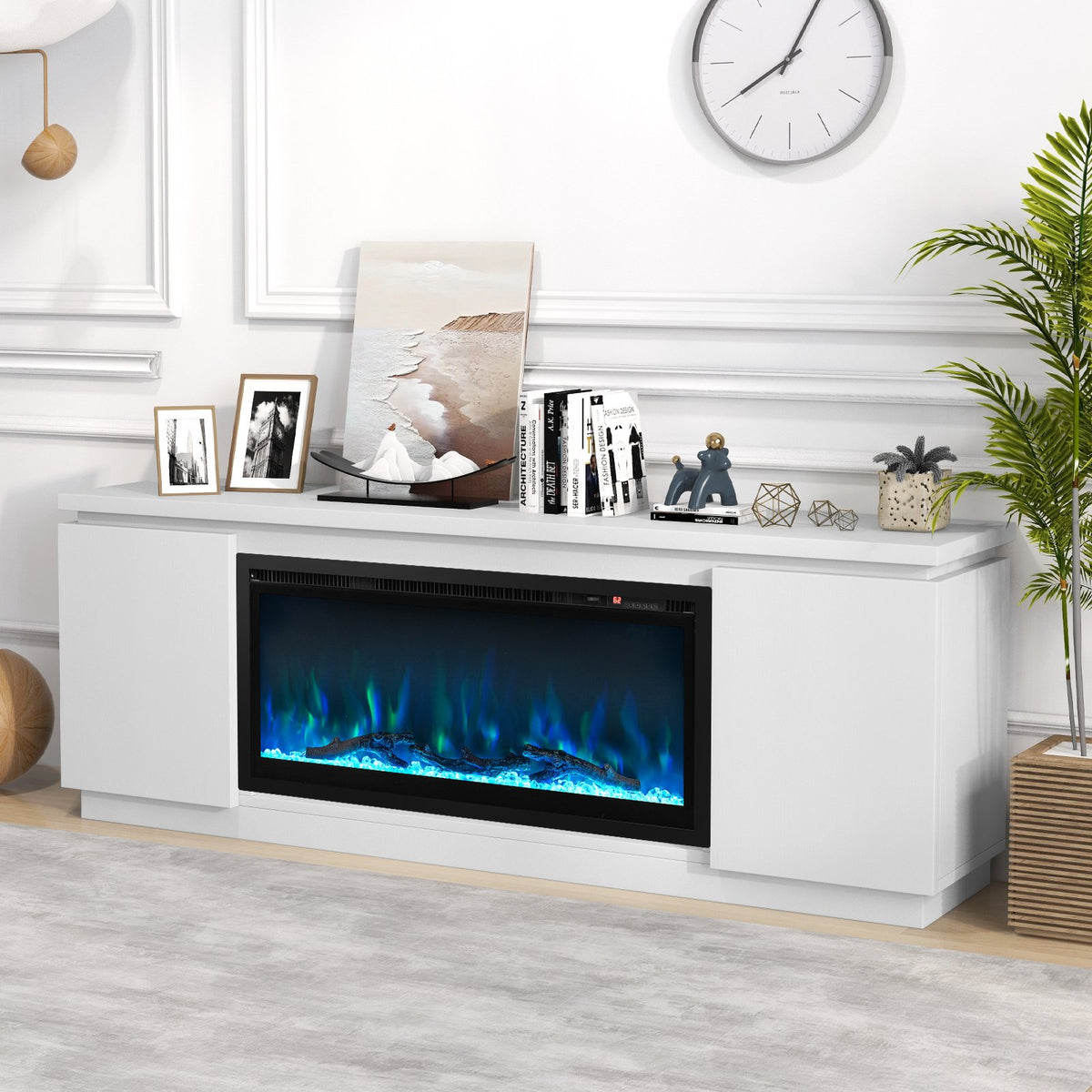 Fireplace TV Stand for TVs up to 80 Inch with 3 Adjustable Shelves-White view 3