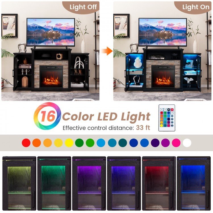 Fireplace TV Stand with 16-Color Led Lights for TVs up to 65 Inch-Black view 7