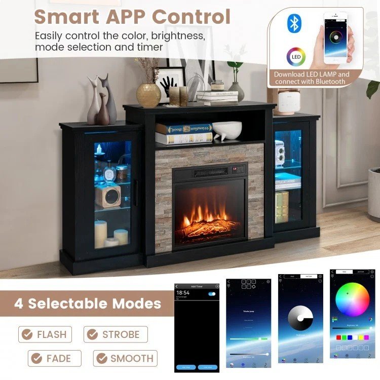 Fireplace TV Stand with 16-Color Led Lights for TVs up to 65 Inch-Black view 8
