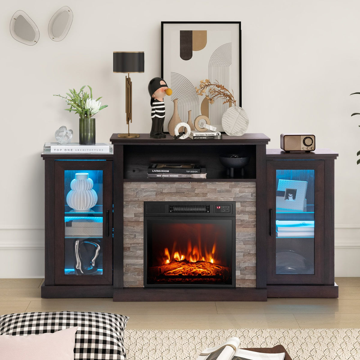 Fireplace TV Stand with 16-Color Led Lights for TVs up to 65 Inch-Dark Brown view 3