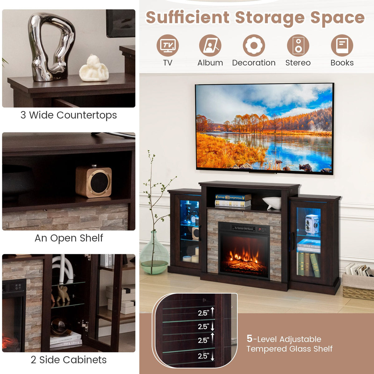Fireplace TV Stand with 16-Color Led Lights for TVs up to 65 Inch-Dark Brown view 6