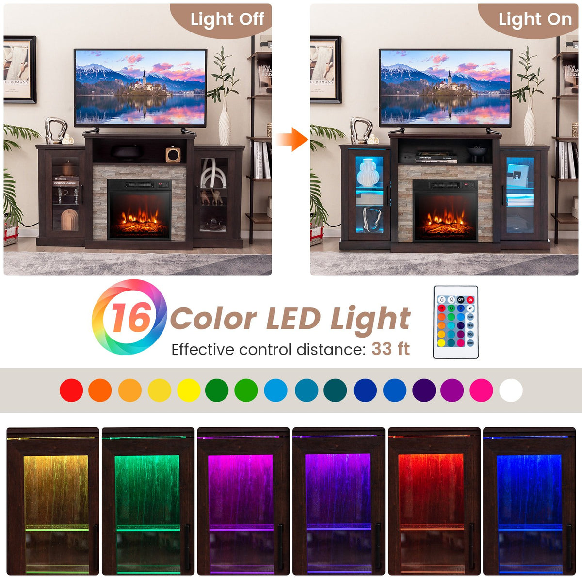 Fireplace TV Stand with 16-Color Led Lights for TVs up to 65 Inch-Dark Brown view 7