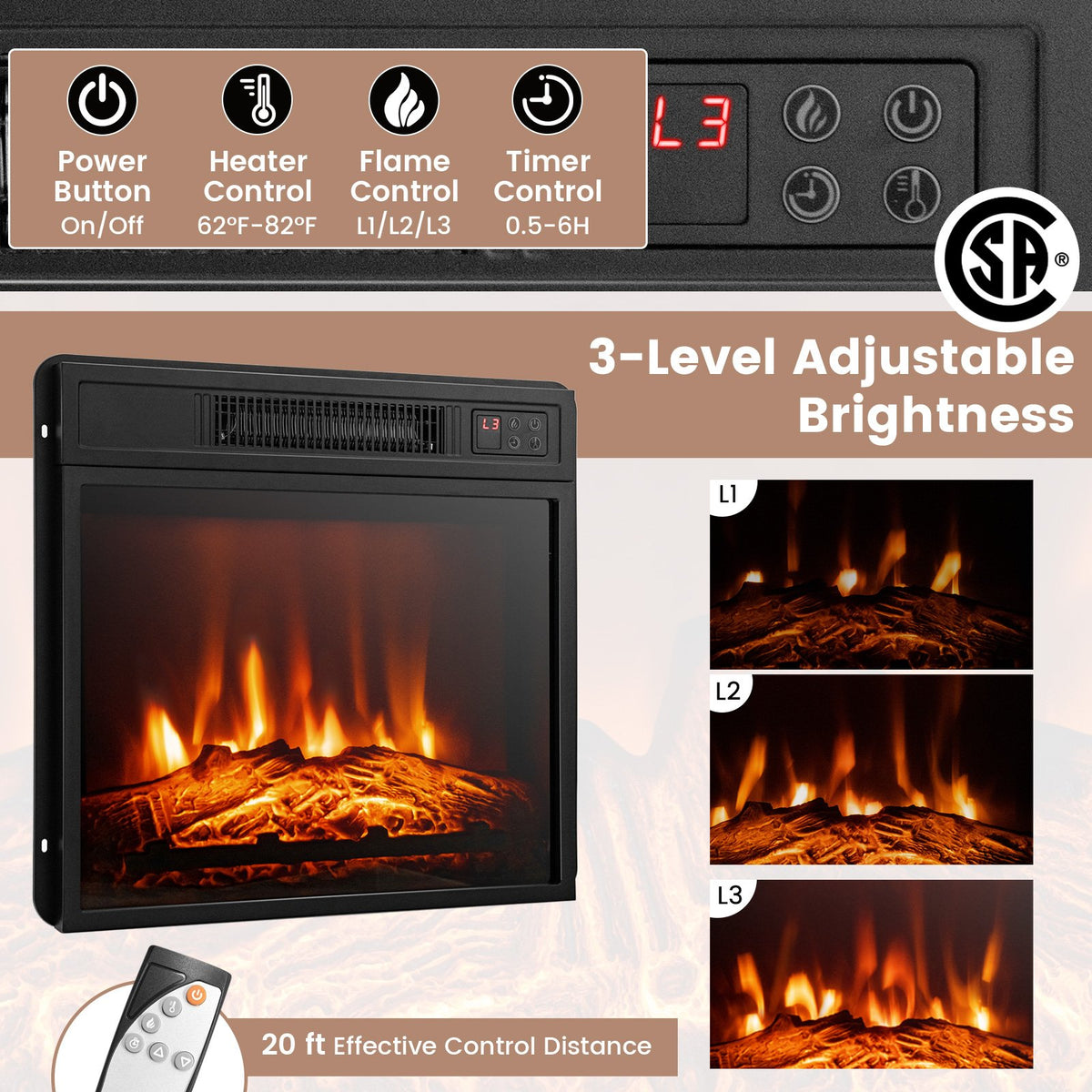Fireplace TV Stand with 16-Color Led Lights for TVs up to 65 Inch-Dark Brown view 9