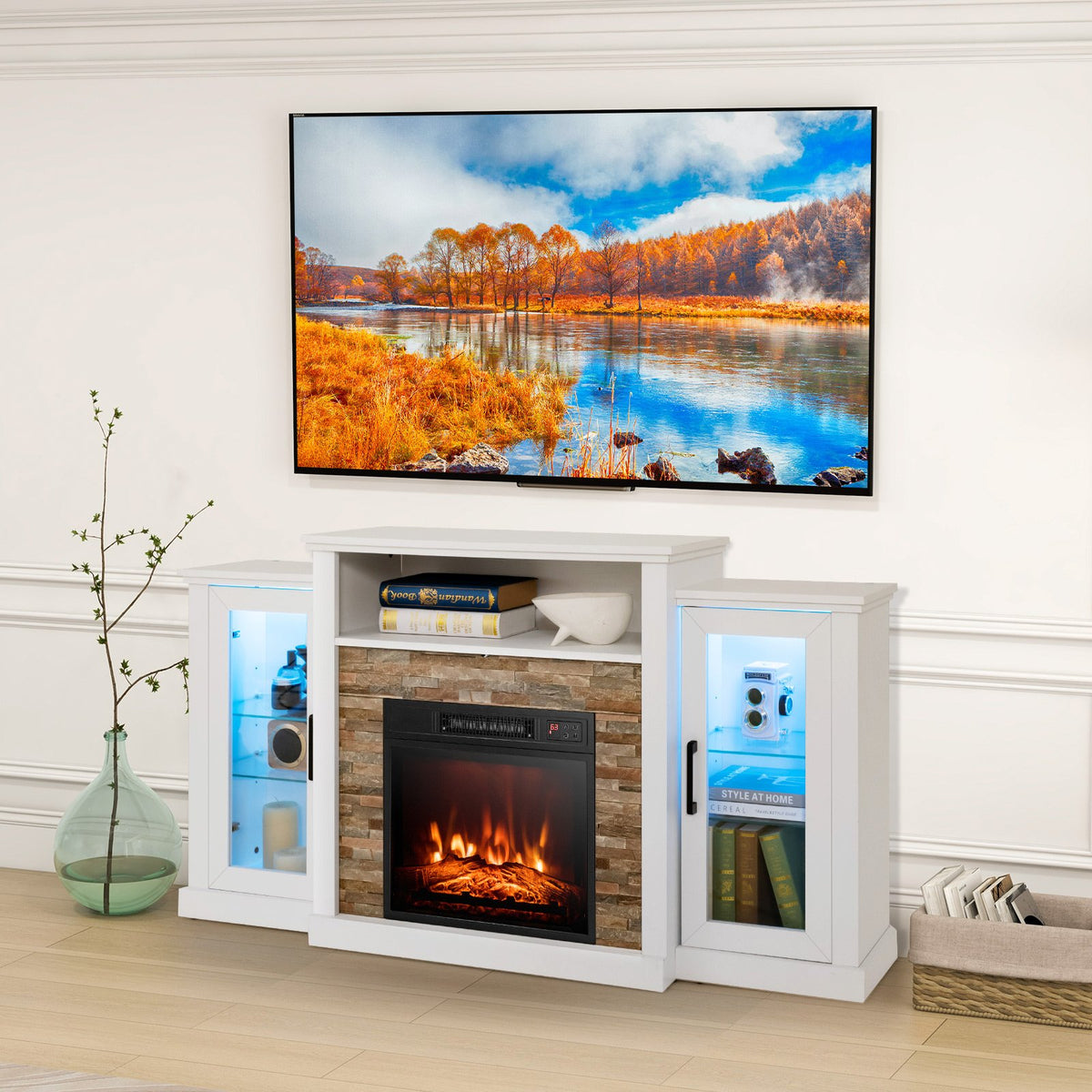 Fireplace TV Stand with 16-Color Led Lights for TVs up to 65 Inch-White view 2