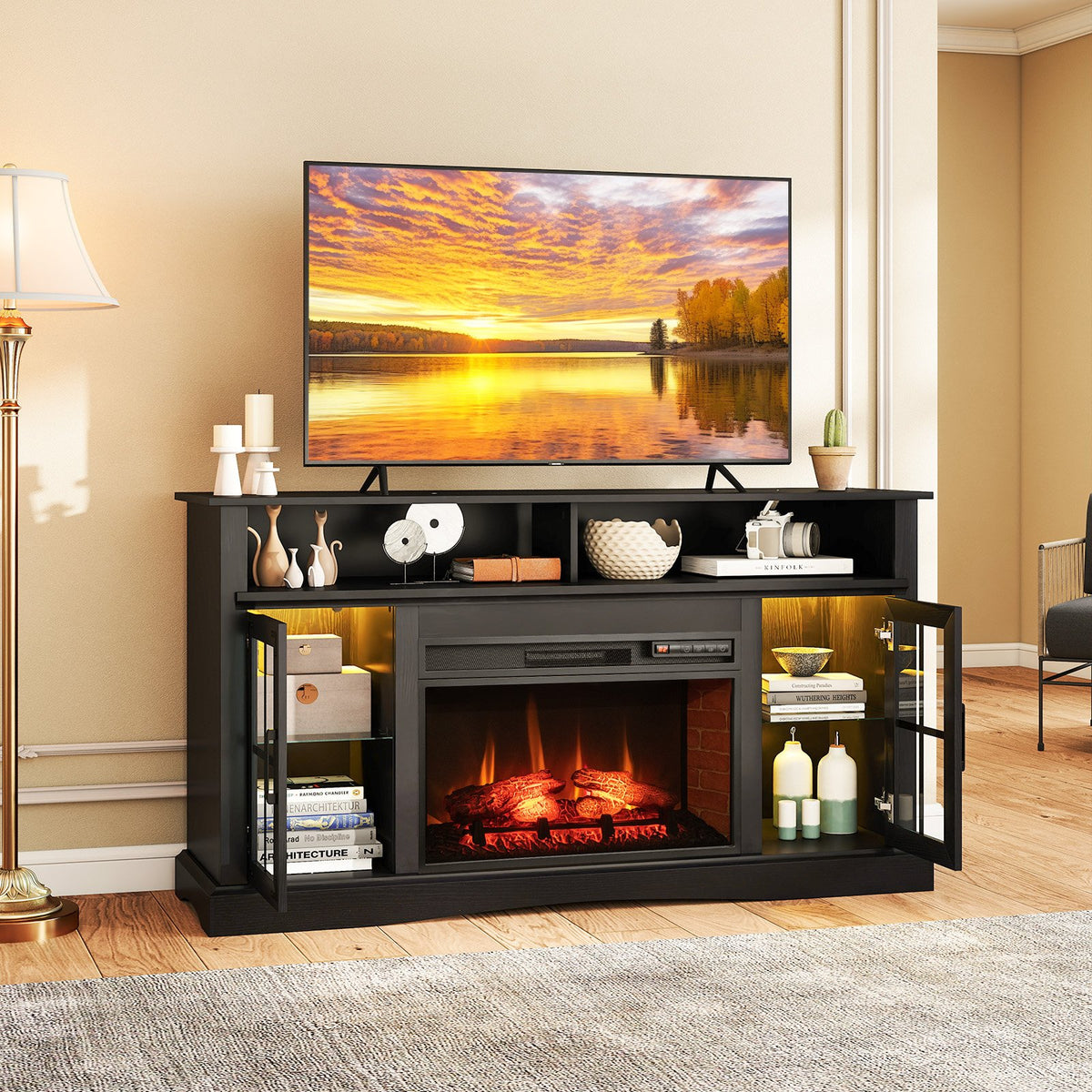 Fireplace TV Stand with Remote Controls and Thermostat for TVs Up to 50 Inch-Black view 3