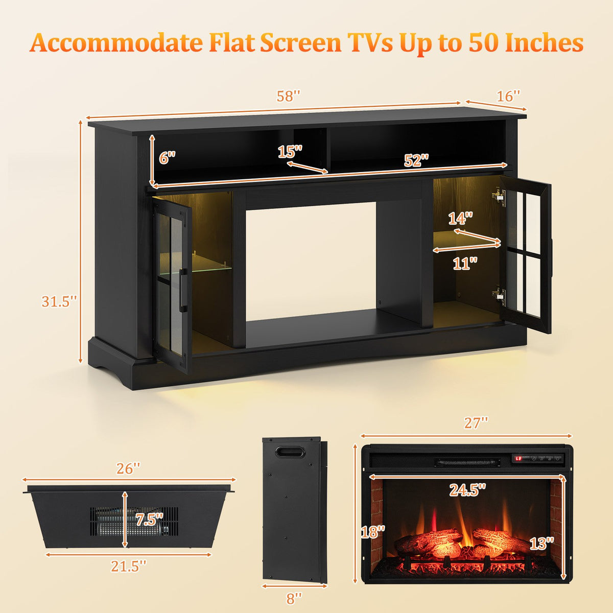 Fireplace TV Stand with Remote Controls and Thermostat for TVs Up to 50 Inch-Black view 4