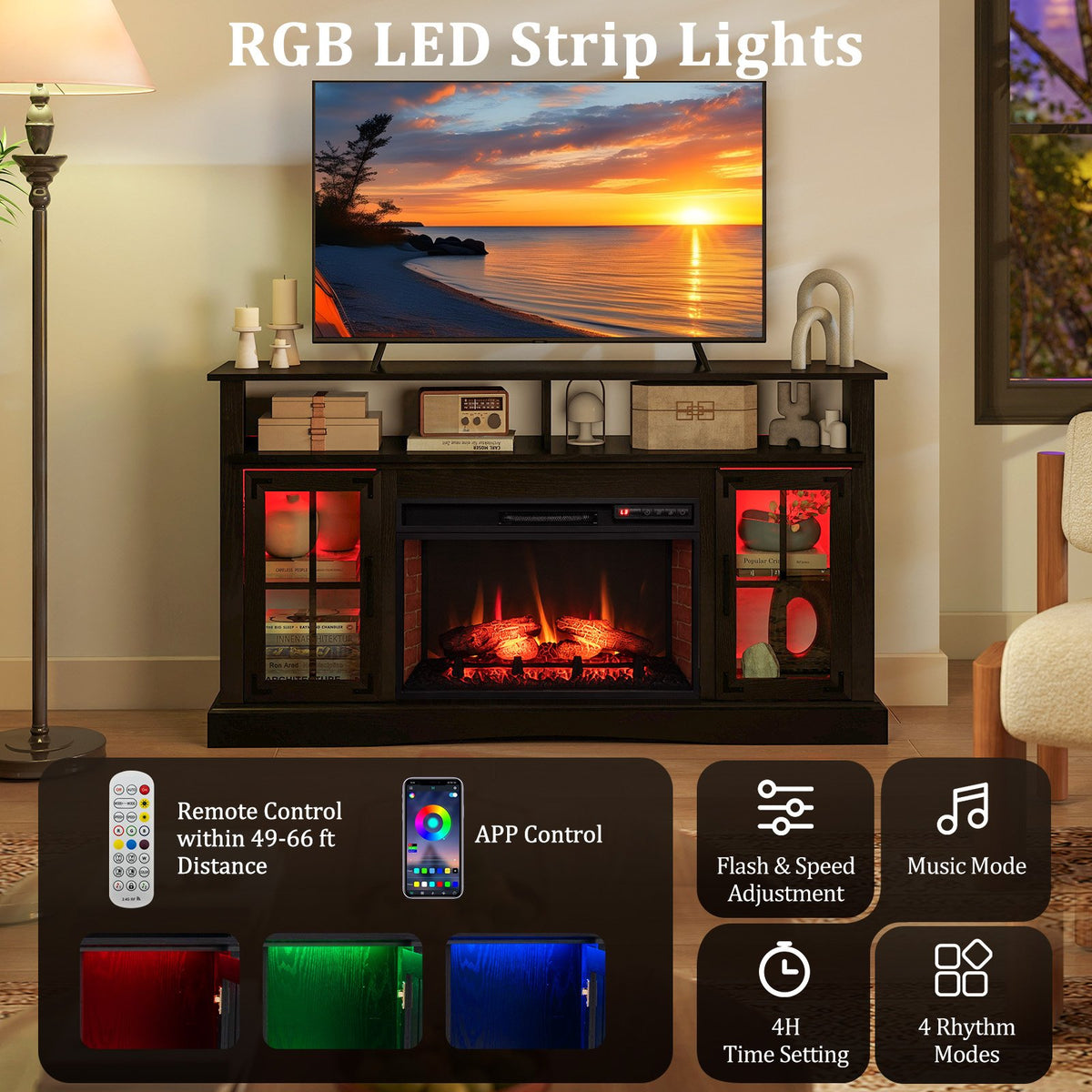 Fireplace TV Stand with Remote Controls and Thermostat for TVs Up to 50 Inch-Black view 6