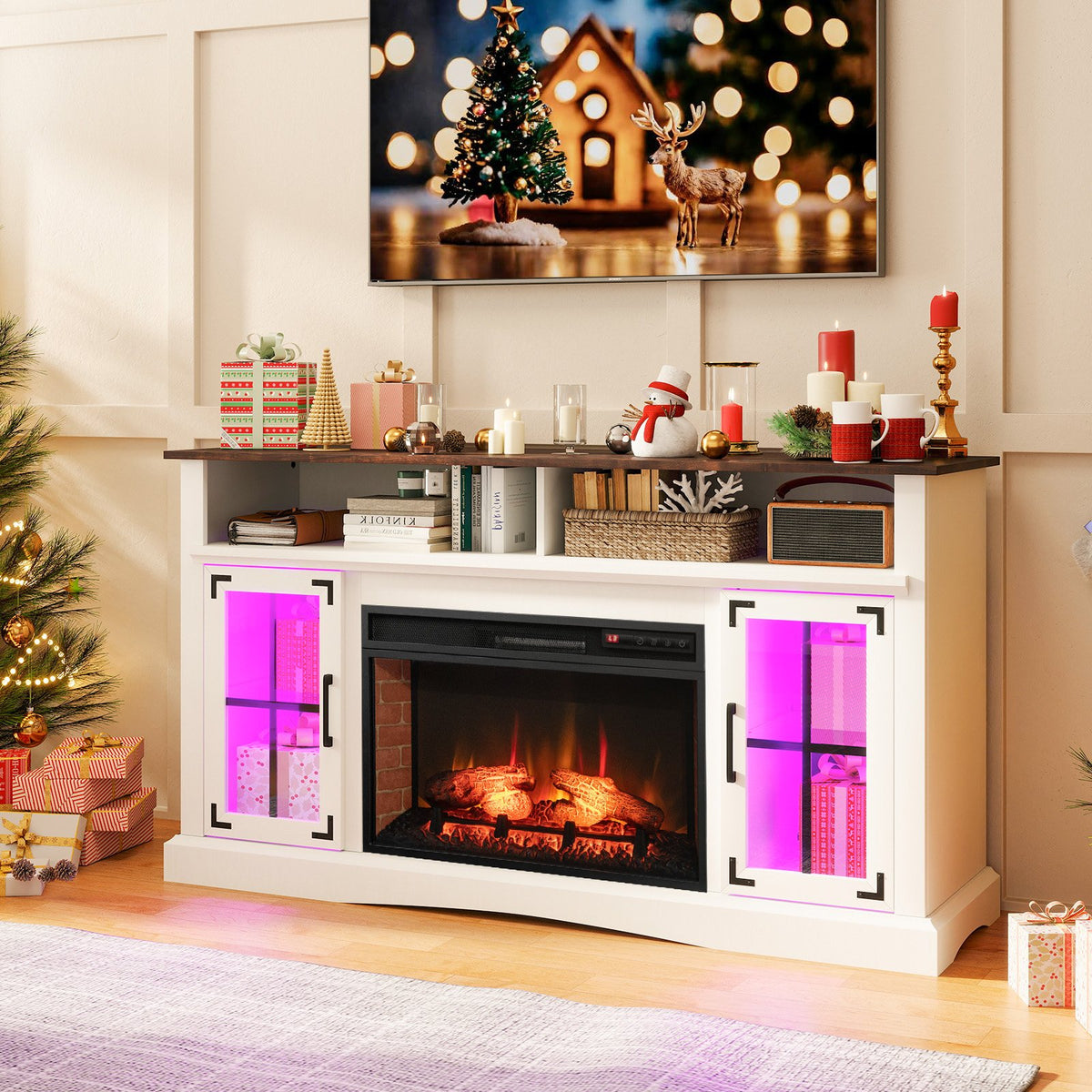 Fireplace TV Stand with Remote Controls and Thermostat for TVs Up to 50 Inch-White view 2