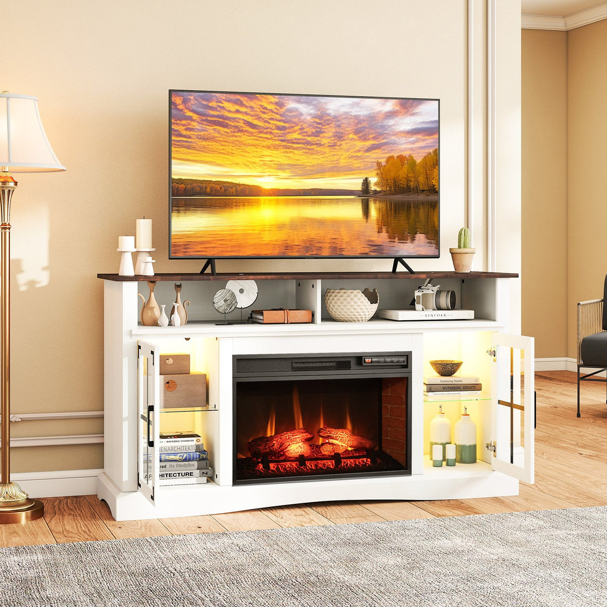 Fireplace TV Stand with Remote Controls and Thermostat for TVs Up to 50 Inch-White view 3