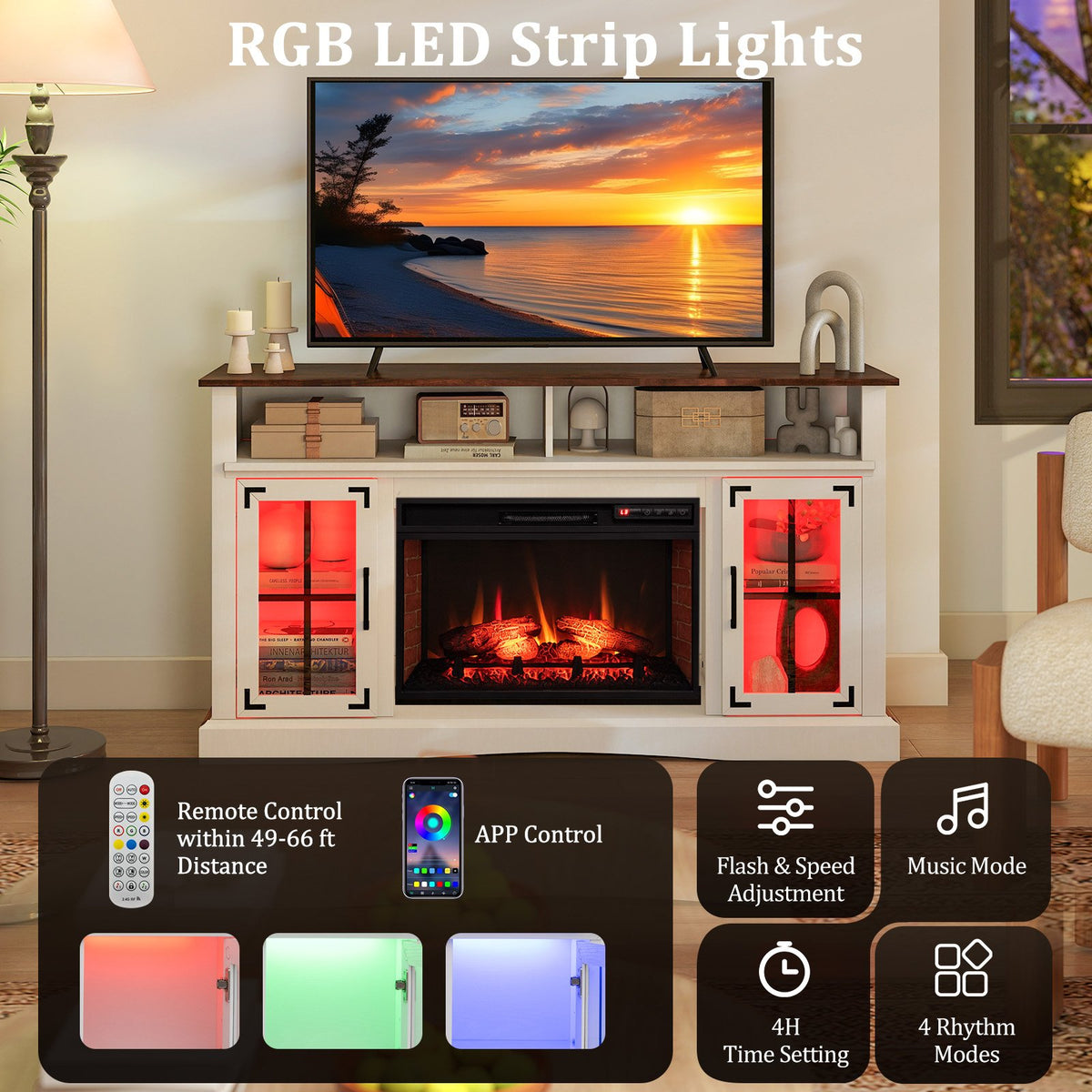 Fireplace TV Stand with Remote Controls and Thermostat for TVs Up to 50 Inch-White view 6