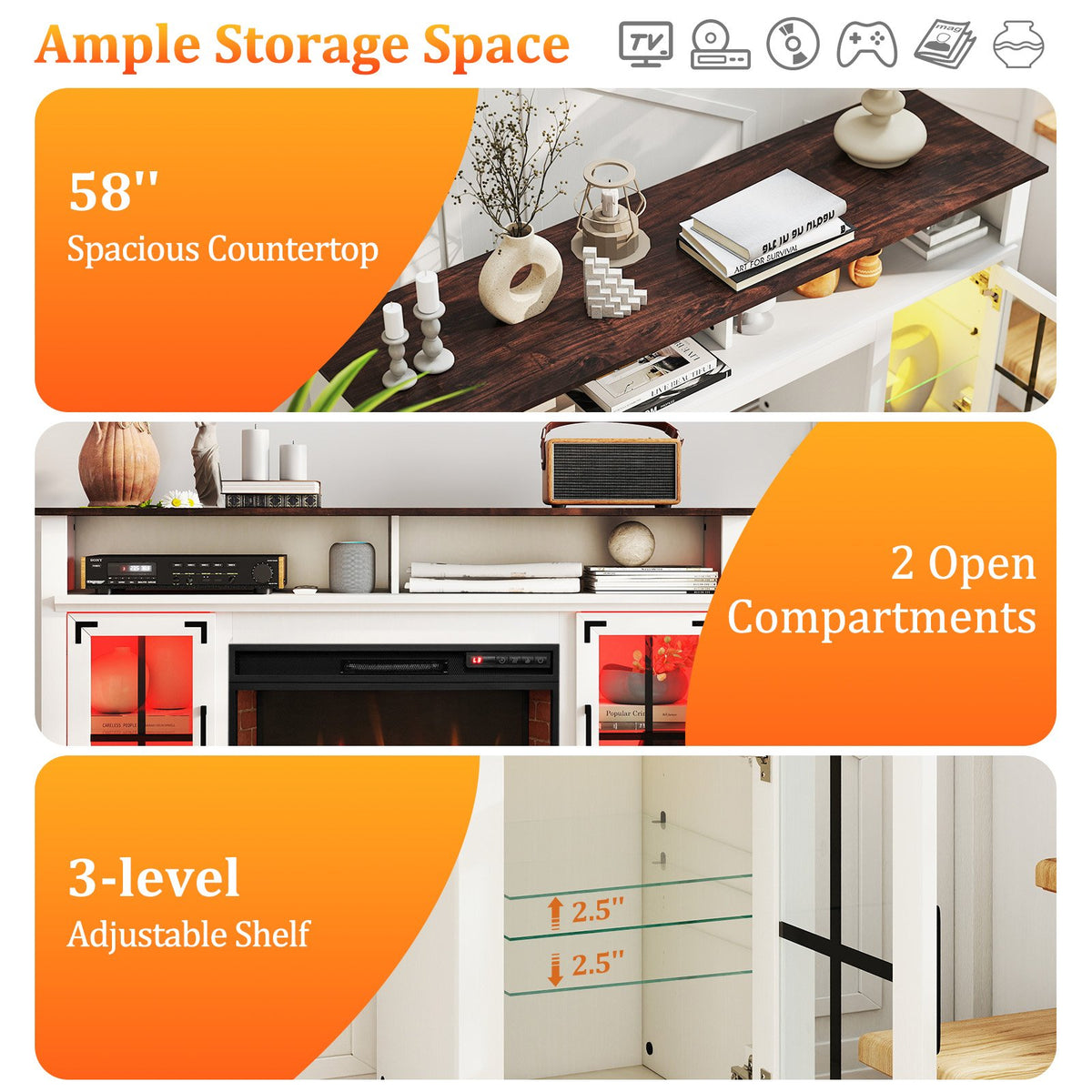 Fireplace TV Stand with Remote Controls and Thermostat for TVs Up to 50 Inch-White view 9