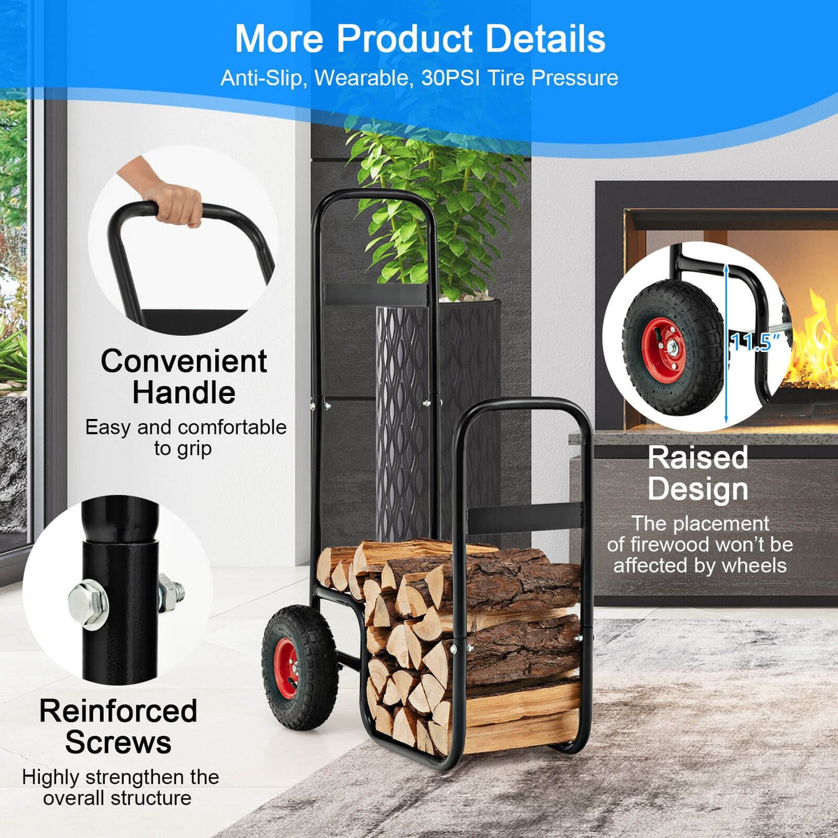 Firewood Log Cart Carrier with Wear-Resistant and Shockproof Rubber Wheels view 9