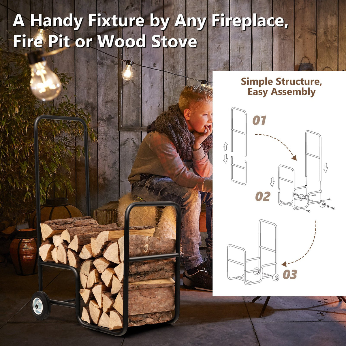 Firewood Log Cart Carrier with Anti-Slip and Wear-Resistant Wheels view 6