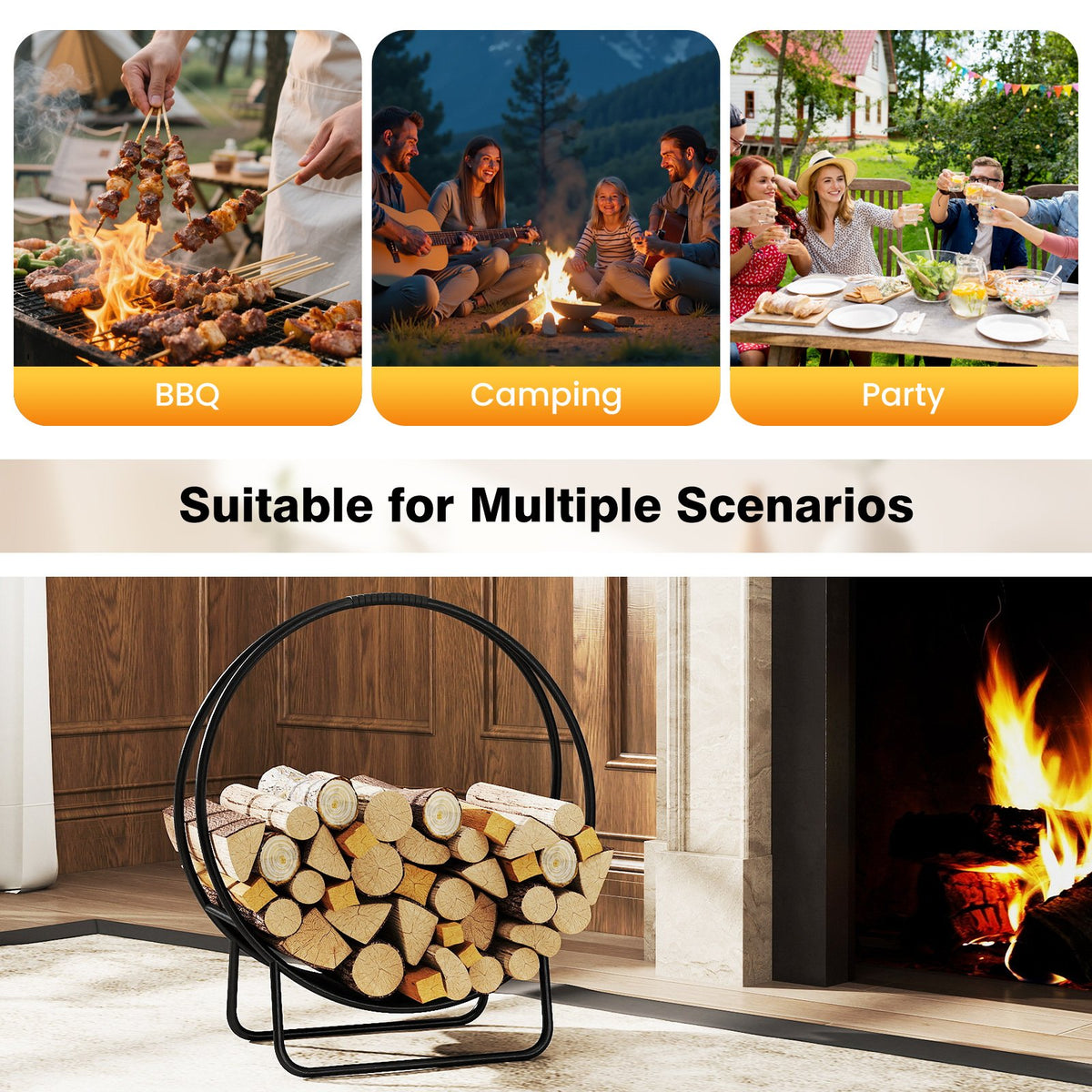 Firewood Log Hoop 20 Inch Round Heavy-duty Metal Curved Log Rack with Stand view 9