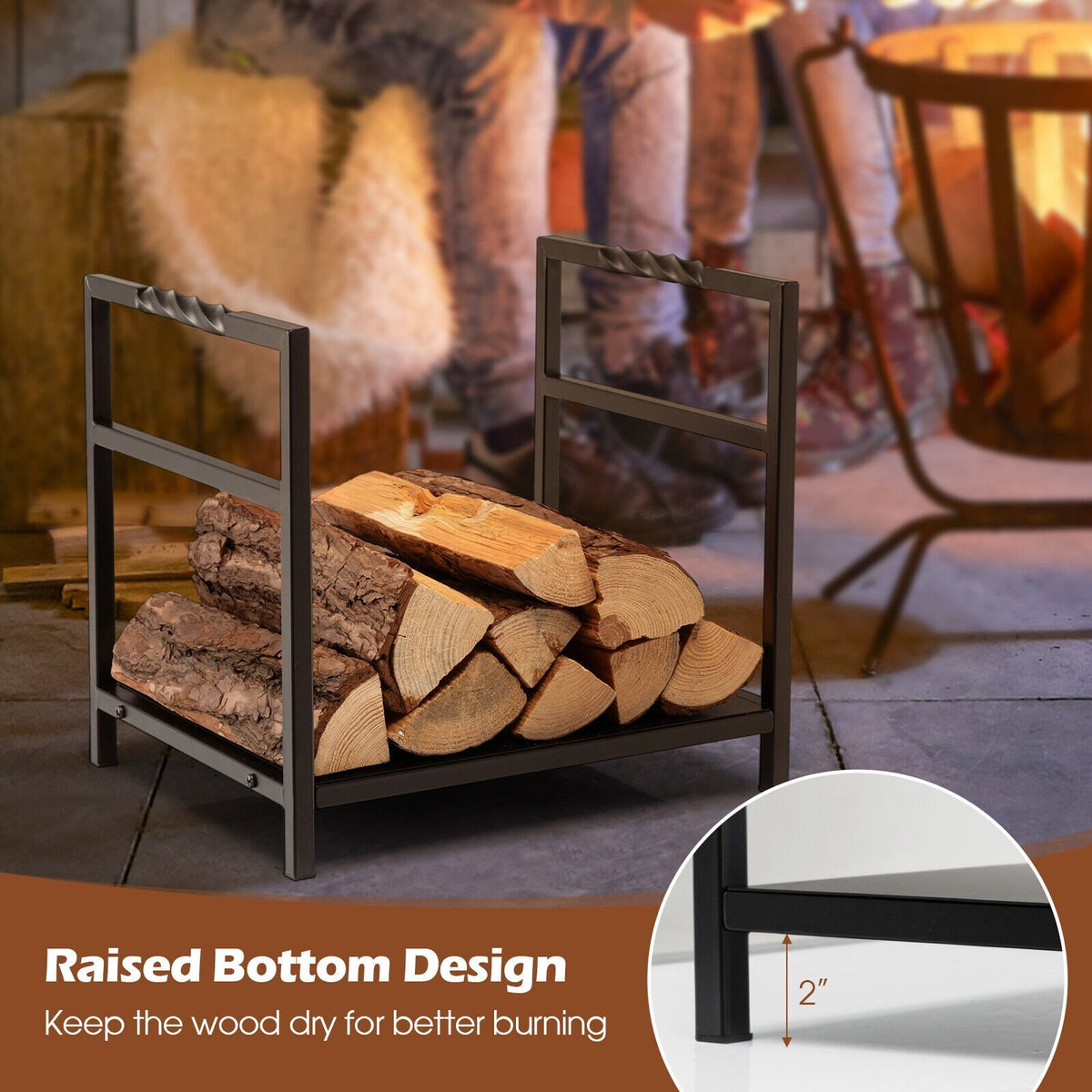 Firewood Log Rack with Unique Handle and Raised Feet-Black view 8