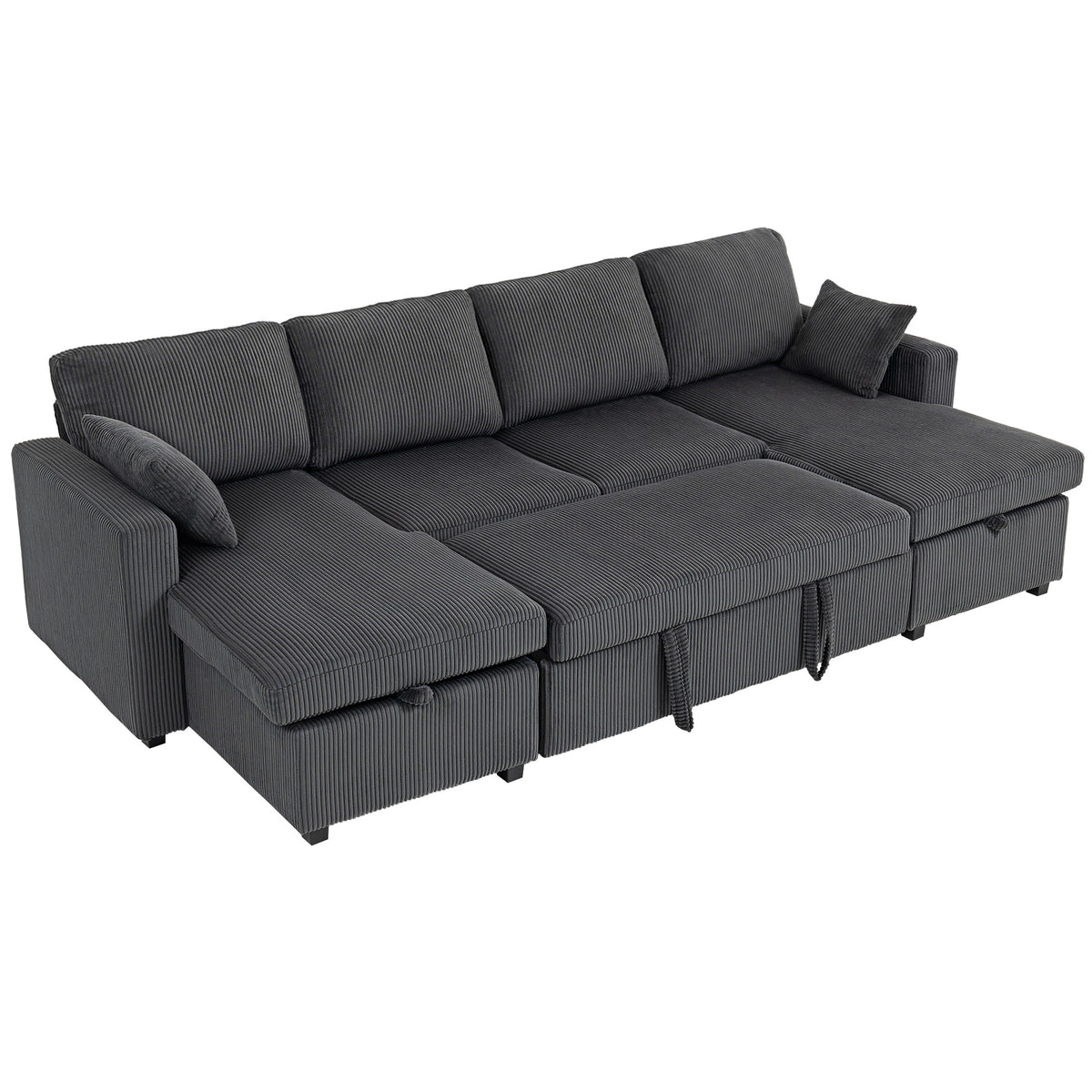 Convertible Sofa Bed, Corduroy U-Shaped Sleeper Sofa Couch with Storage Chaise, Pillows, Spring, Futon Couch, Grey