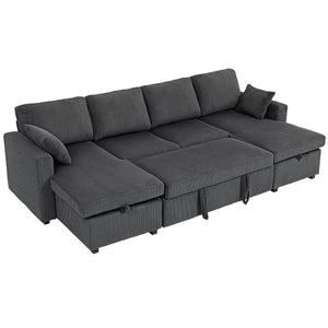Convertible Sofa Bed, Corduroy U-Shaped Sleeper Sofa Couch with Storage Chaise, Pillows, Spring, Futon Couch, Grey