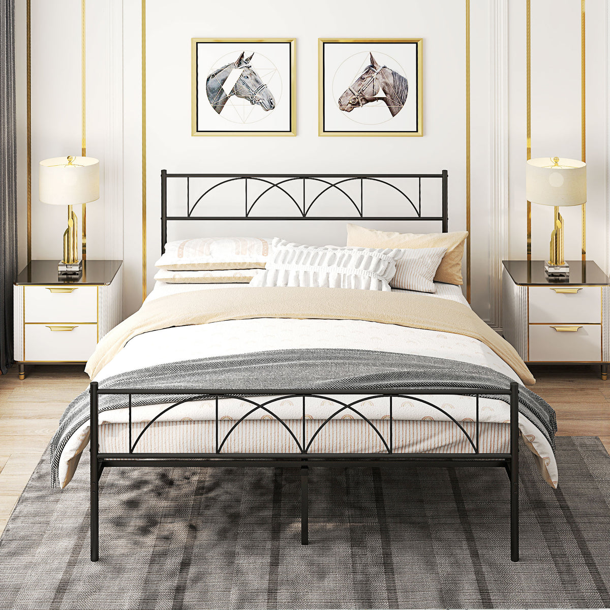 Metal Full Platform Bed Frame with Headboard, Steel Slat Support, Underbed Storage, No Box Spring Needed, Easy Assembly