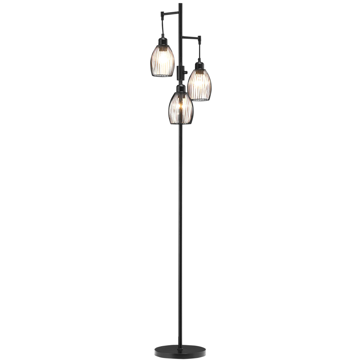 Industrial Floor Lamp with 3 Hanging Wire Lampshades, Dimmable Standing Lamp for Living Room, Bedroom
