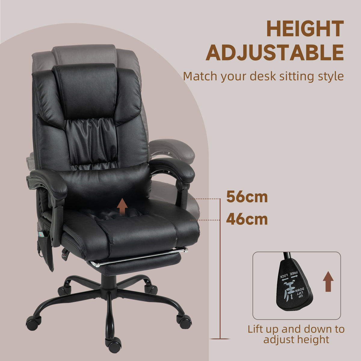 6-Point Vibration Massage Chair, Height Adjustable Reclining Computer Chair with Retractable Footrest, Black – view 3