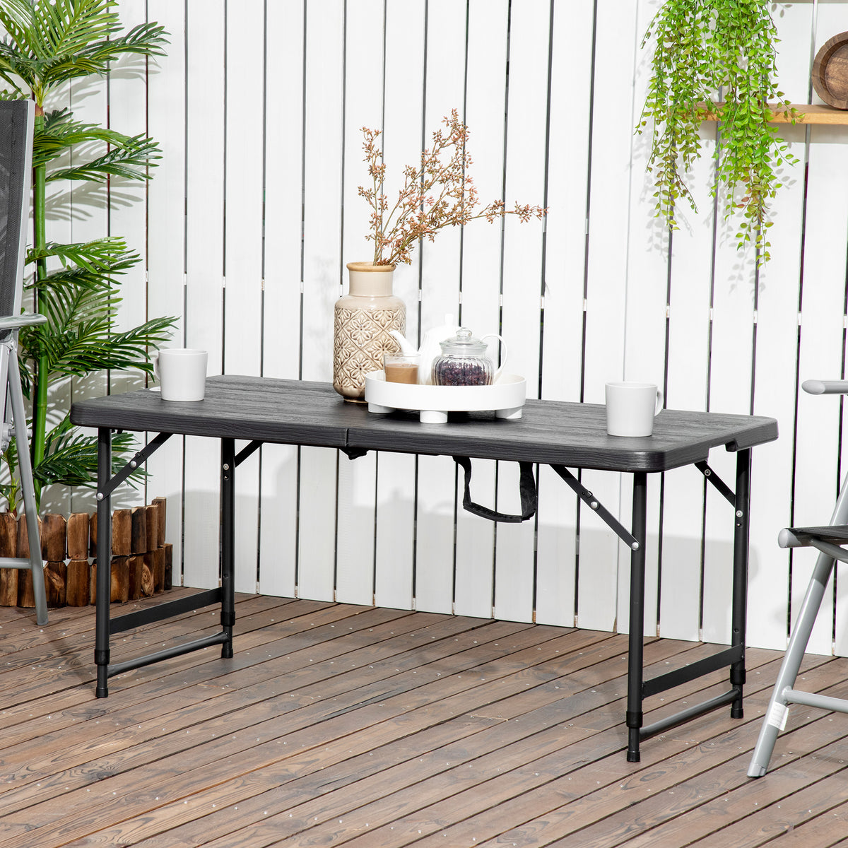 Foldable Patio Dining Table for 4, Height Adjustable Outdoor Table for Garden Lawn Backyard, Dark Grey