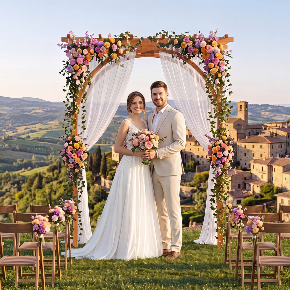 Flat Top Garden Arch Trellis 85 inches Tall Wood for Climbing Plants and Wedding-Orange view 3