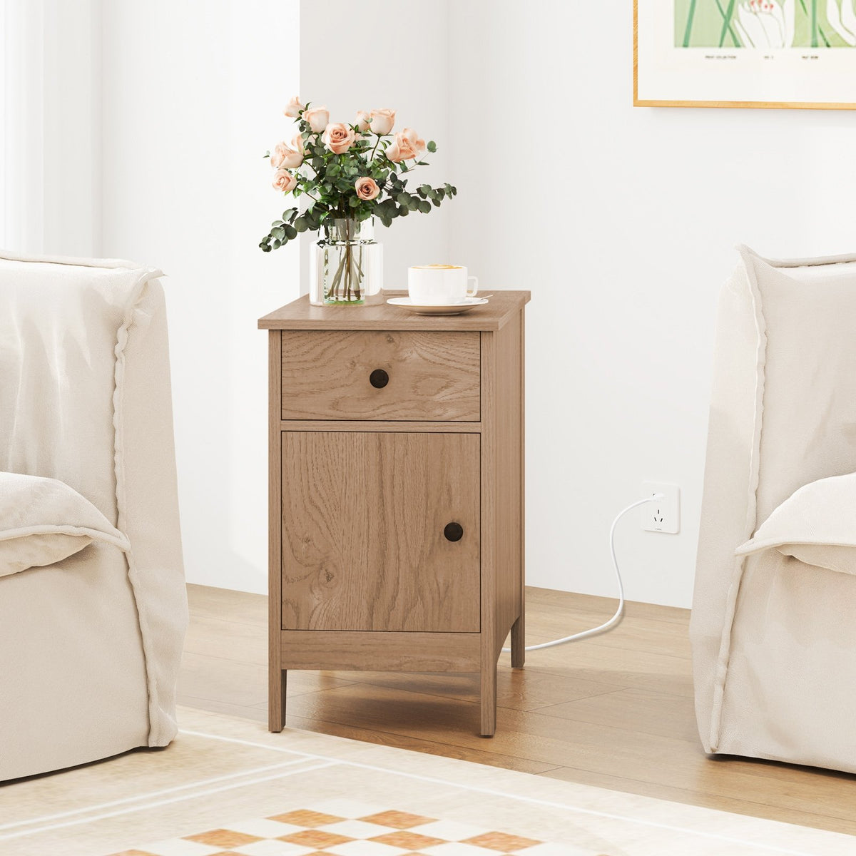 Flip Top End Table with Charging Station USB Ports Outlets and Drawer-Natural view 2
