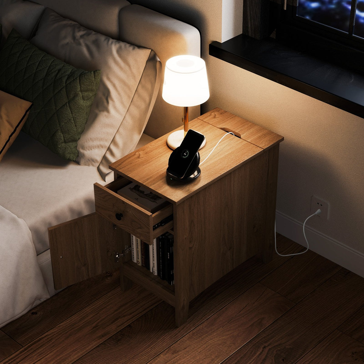 Flip Top End Table with Charging Station USB Ports Outlets and Drawer-Natural view 3