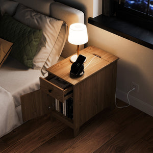 Flip Top End Table with Charging Station USB Ports Outlets and Drawer-Natural view 3