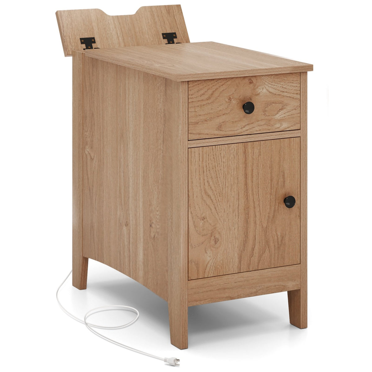 Flip Top End Table with Charging Station USB Ports Outlets and Drawer-Natural view 4