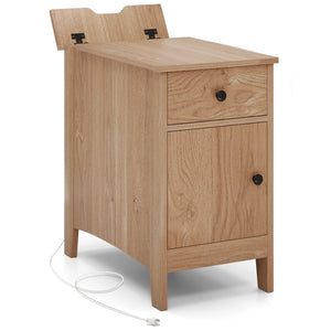Flip Top End Table with Charging Station USB Ports Outlets and Drawer-Natural view 4