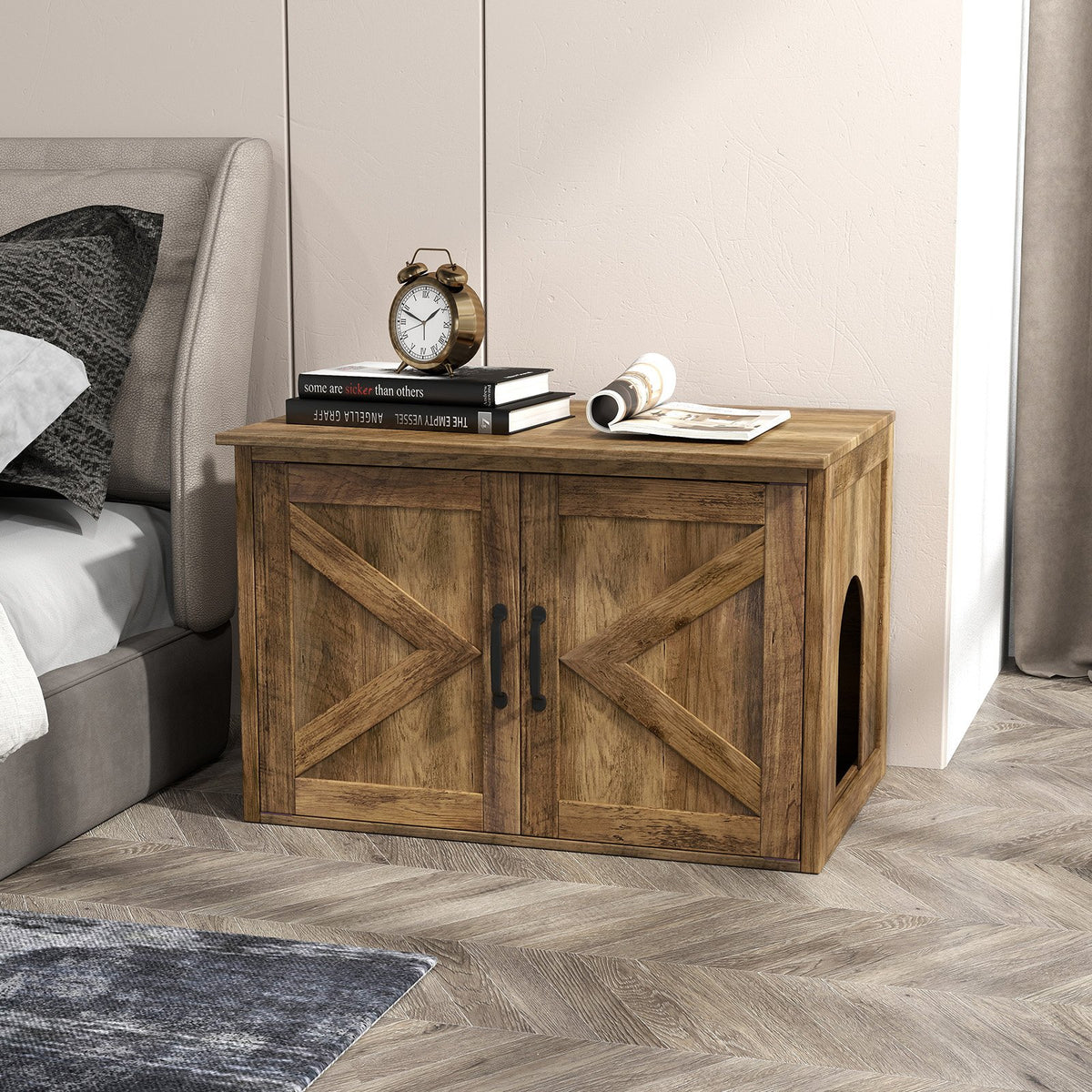 Flip Top Hidden Cat Washroom Furniture with Double Barn Doors, Removable Divider and Middle Entry view 3