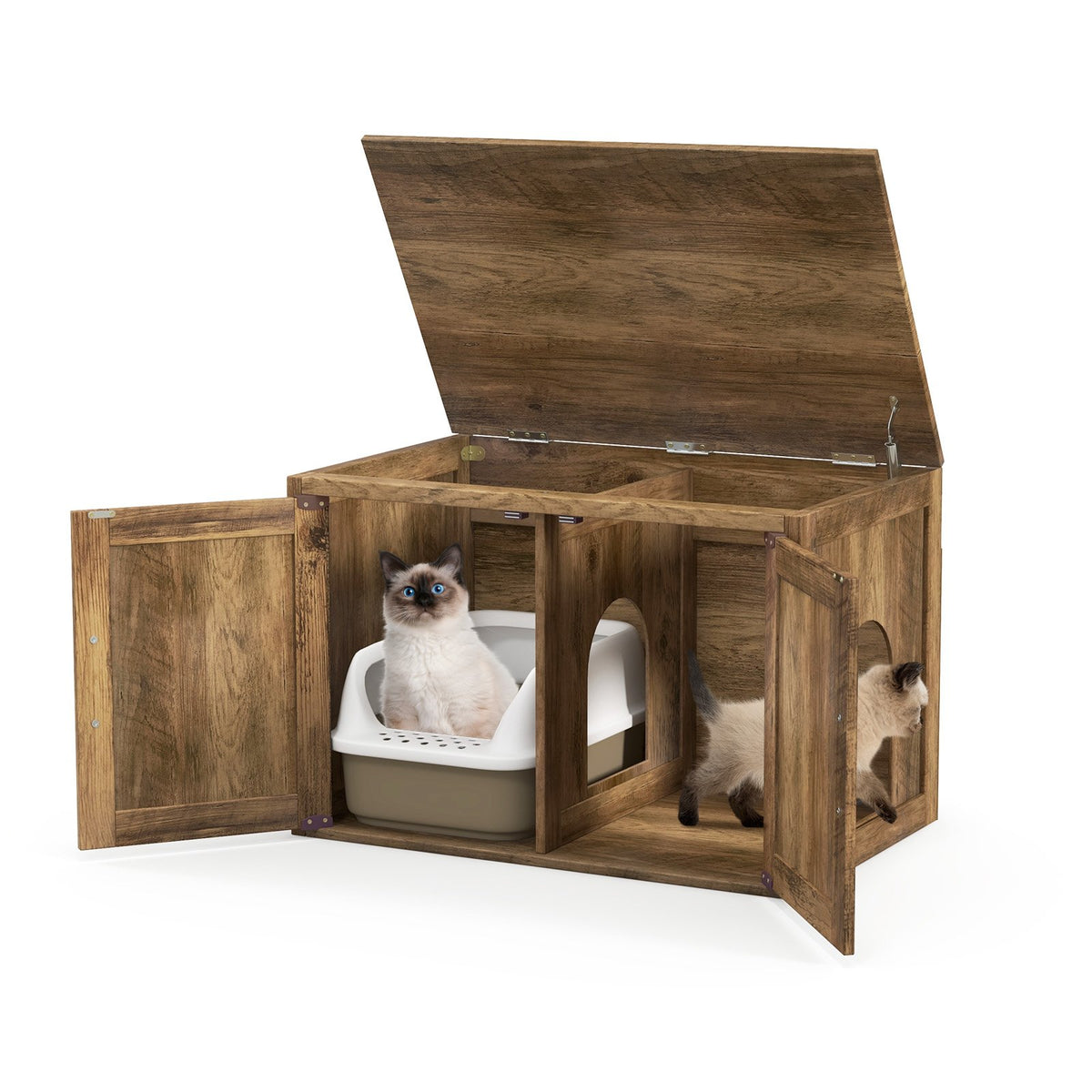 Flip Top Hidden Cat Washroom Furniture with Double Barn Doors, Removable Divider and Middle Entry view 4