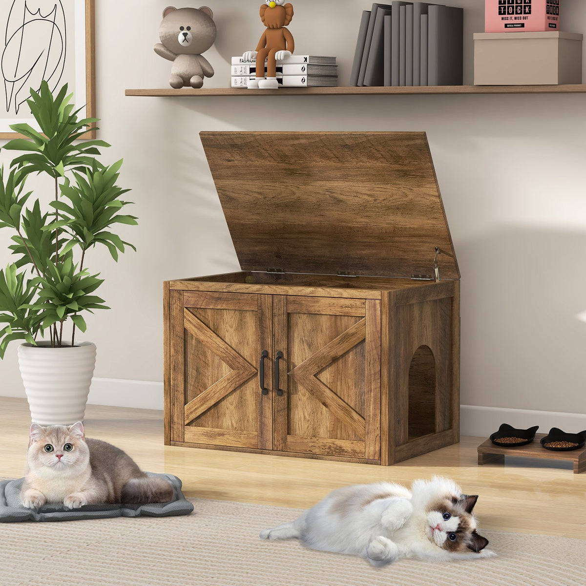 Flip Top Hidden Cat Washroom Furniture with Double Barn Doors, Removable Divider and Middle Entry view 7