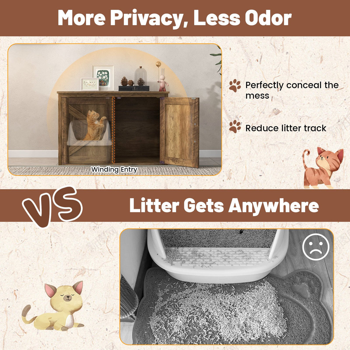 Flip Top Hidden Cat Washroom Furniture with Double Barn Doors, Removable Divider and Middle Entry view 9