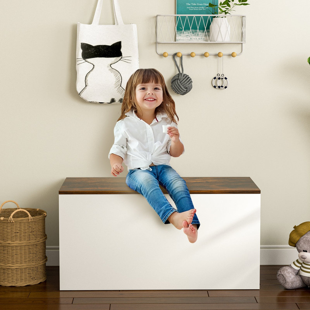 Flip-top Storage Chest with Self-hold Cover and Pneumatic Rod-White view 2