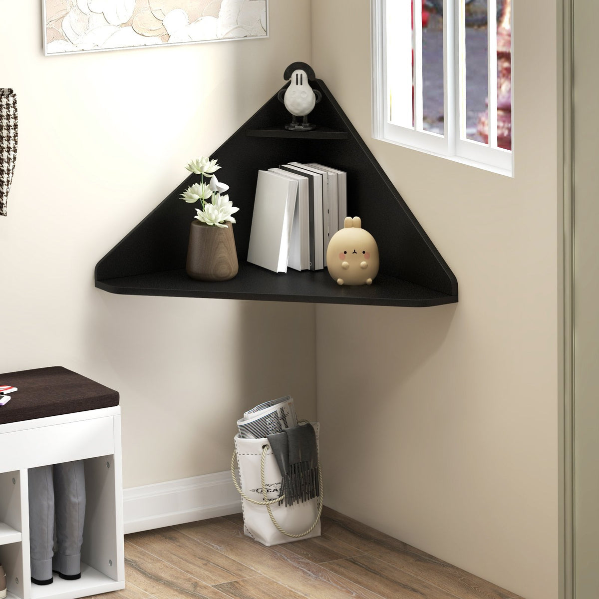 Floating Triangular Corner Computer Desk with Storage Shelf-Black view 2