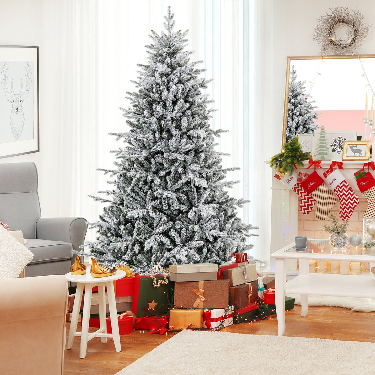 7 Feet Flocked Christmas Tree with 8 Lighting Modes and Multi-Color LED Lights-7 ft view 3